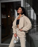 Aiyana | Vrouwen Zip Lange Mouw Fleece Wijde Pijpen Twee Delige Set