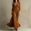 Anthea | Dames Vintage V-Hals Knoop Front Maxi Jurk