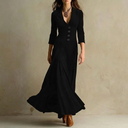 Anthea | Dames Vintage V-Hals Knoop Front Maxi Jurk