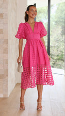 Bailey | Dames Midi Bruidsgast Jurk met Geruite Textuur en Pofmouwen