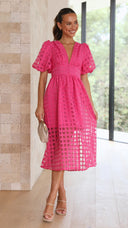 Bailey | Dames Midi Bruidsgast Jurk met Geruite Textuur en Pofmouwen