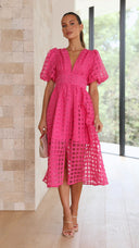 Bailey | Dames Midi Bruidsgast Jurk met Geruite Textuur en Pofmouwen