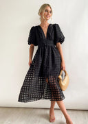 Bailey | Dames Midi Bruidsgast Jurk met Geruite Textuur en Pofmouwen