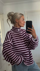 Brenna | Women's Oversized Striped Zip Up Knit Sweater Cardigan