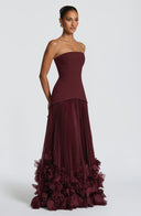Brighton | Dames Strapless Drop Waist Geplooide Maxi Herfst Bruidsgast Jurk
