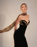 Camryn | Dames Strapless Luipaard Maxi Jurk met Sjaal
