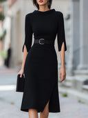 Celina | Dames Midi Jurk met Ceintuur en Gesplitste Mouwen