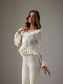 Della | Dames Scoop Neck Lange Mouw Ruffle Gebreide Tops