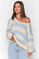 Elaina | Dames Oversized Gestreepte Gebreide Off Shoulder Trui