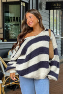 Elaina | Dames Oversized Gestreepte Gebreide Off Shoulder Trui