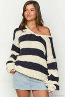Elaina | Dames Oversized Gestreepte Gebreide Off Shoulder Trui