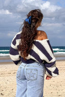 Elaina | Dames Oversized Gestreepte Gebreide Off Shoulder Trui