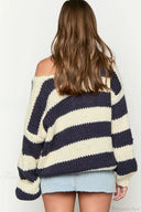 Elaina | Dames Oversized Gestreepte Gebreide Off Shoulder Trui