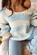 Elaina | Dames Oversized Gestreepte Gebreide Off Shoulder Trui