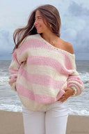 Elaina | Dames Oversized Gestreepte Gebreide Off Shoulder Trui