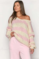 Elaina | Dames Oversized Gestreepte Gebreide Off Shoulder Trui