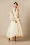 Ellery | Dames Midi Jurk met Brede Mouwen en Hoge Taille