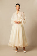 Ellery | Dames Midi Jurk met Brede Mouwen en Hoge Taille