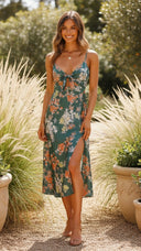 Evelina | Dames Bloemen Tie Front Mouwloze Split Midi Zomerjurk