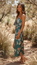 Evelina | Dames Bloemen Tie Front Mouwloze Split Midi Zomerjurk