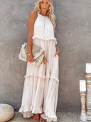 Gabriella | Dames Tiered Ruffle Trim Mouwloze Maxi Zomerjurk