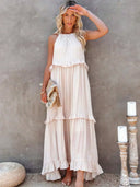 Gabriella | Dames Tiered Ruffle Trim Mouwloze Maxi Zomerjurk