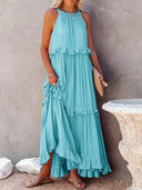 Gabriella | Dames Tiered Ruffle Trim Mouwloze Maxi Zomerjurk