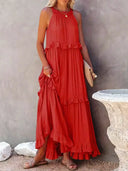 Gabriella | Dames Tiered Ruffle Trim Mouwloze Maxi Zomerjurk