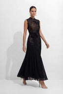 Haven | Dames Hoge Hals Kanten Bodice Chiffon Maxi Jurk