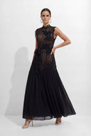 Haven | Dames Hoge Hals Kanten Bodice Chiffon Maxi Jurk