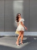 Jazlyn | Vrouwen V-hals Off-Shoulder Ruffled Mini Zomerjurk