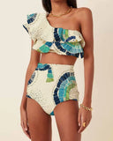 Jennifer | Dames One-Shoulder Ruffle Hoge Taille Bikini Set Badmode