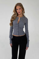 Kaylin | Dames Geribbelde Trui Met Knopen Voor Fitted Cardigan