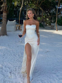 Kinsley | Dames Satijnen Strapless Maxijurk met Kantafwerking en Split