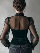 Madilyn | Dames Kant Lange Mouwen Transparante Korset Top Avond Hoge Hals Kant