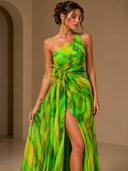 Mitchell | Dames Abstracte Print One-Shoulder Maxi Herfst Bruiloft Gast Jurk