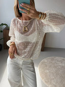 Monica | Dames Ronde Hals Pailletten Mesh Top