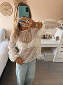 Monica | Dames Ronde Hals Pailletten Mesh Top