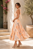Phillipa | Vrouwen Abstracte Print Halter Midi Bruiloft Gast Jurk