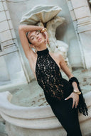 Rayna | Dames Hoge Hals Mouwloze Rugloze Kanten Bodycon Maxi Jurk