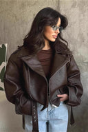 Regina | Dames Oversized Faux Leather Moto Biker Jacket met Ceintuur