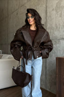 Regina | Dames Oversized Faux Leather Moto Biker Jacket met Ceintuur