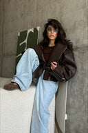 Regina | Dames Oversized Faux Leather Moto Biker Jacket met Ceintuur