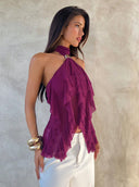 Sabrina | Dames Halter Ruffle Mouwloze Doorzichtige Laagjes Feesttop
