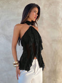 Sabrina | Dames Halter Ruffle Mouwloze Doorzichtige Laagjes Feesttop