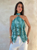 Sabrina | Dames Halter Ruffle Mouwloze Doorzichtige Laagjes Feesttop
