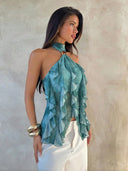 Sabrina | Dames Halter Ruffle Mouwloze Doorzichtige Laagjes Feesttop