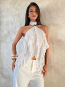 Sabrina | Dames Halter Ruffle Mouwloze Doorzichtige Laagjes Feesttop
