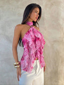Sabrina | Dames Halter Ruffle Mouwloze Doorzichtige Laagjes Feesttop