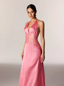 Selene | Dames Kanten Plunge Rugloze Maxi Jurk